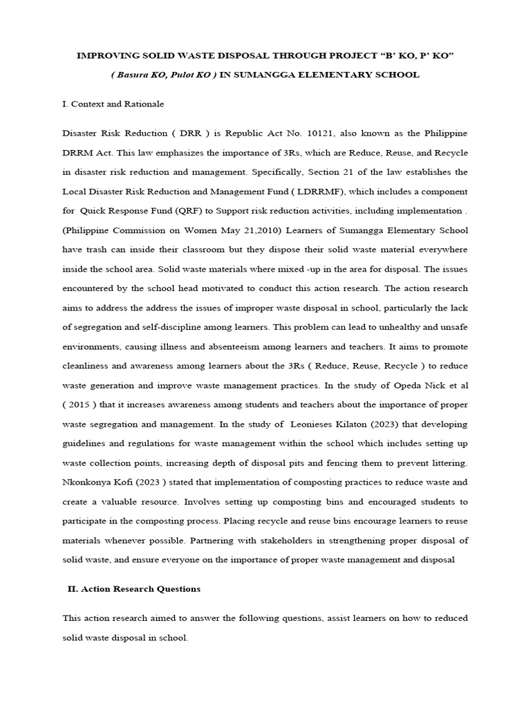 Action Research Proposal Reducing Solid Waste Disposal Through Project