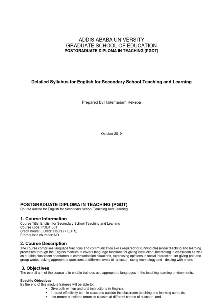 Course Outline 1906947829syllabus On Classroom English PGDT 414 PDF