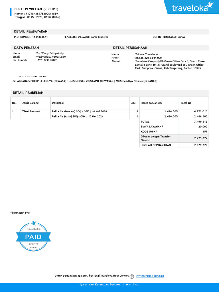 Bukti Pembelian Tiket Pesawat | PDF