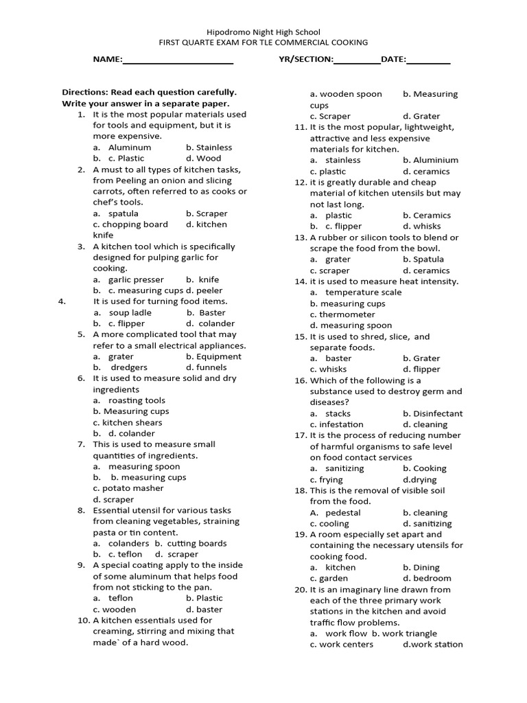 Testpaper For Commercial Cooking Grade 8 | PDF | Tablespoon | Kitchen ...