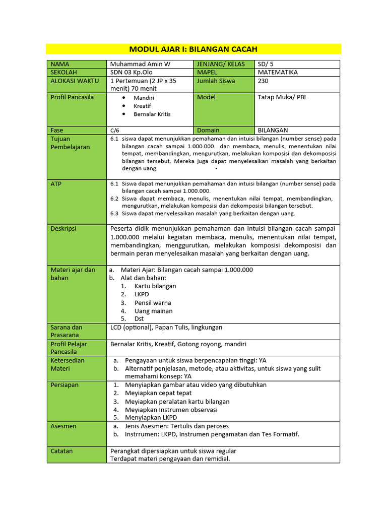 Modul Ajar Bilangan Cacah Kelas 5 | PDF