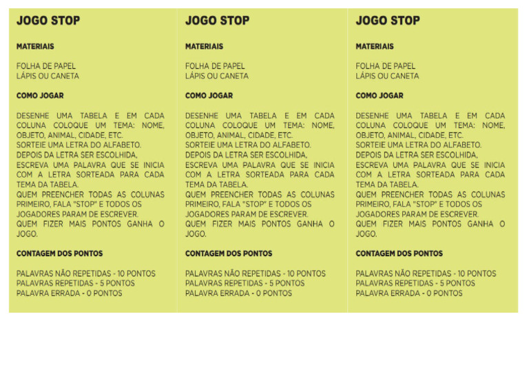 Instruções Jogo Stop | PDF