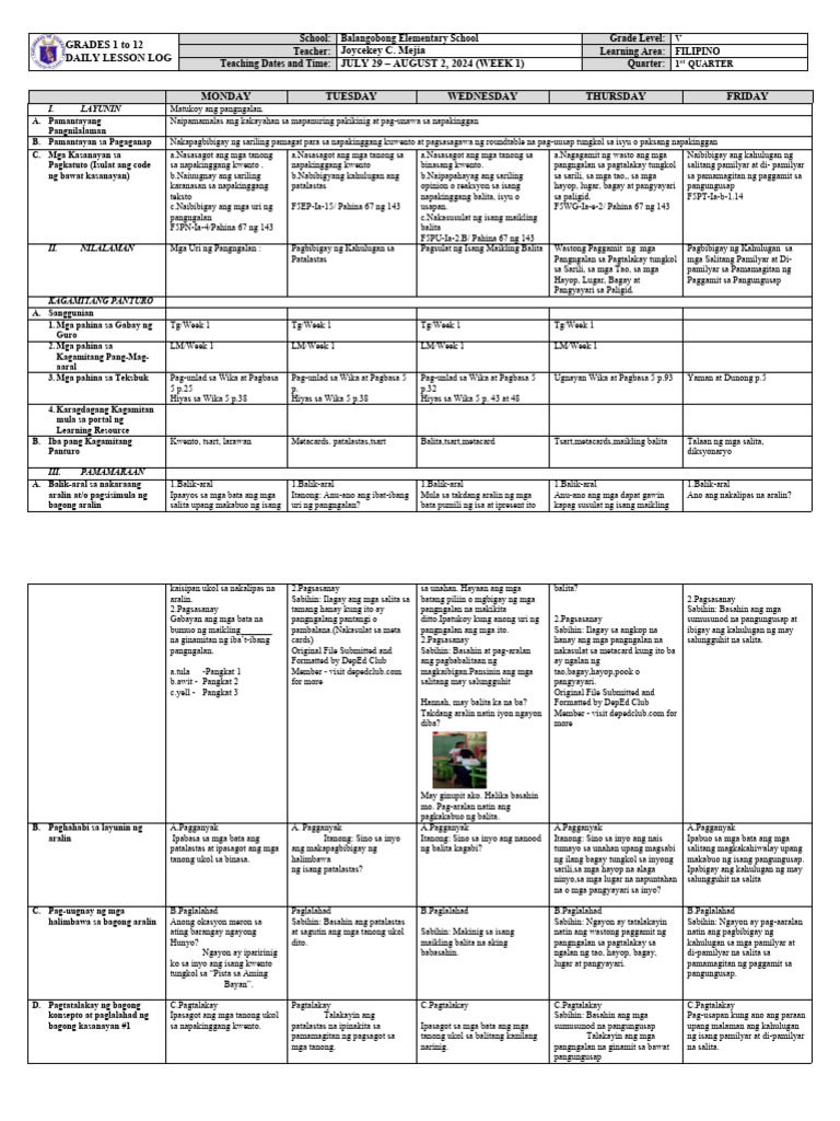 DLL - Filipino 5 - Q1 - W1 | PDF