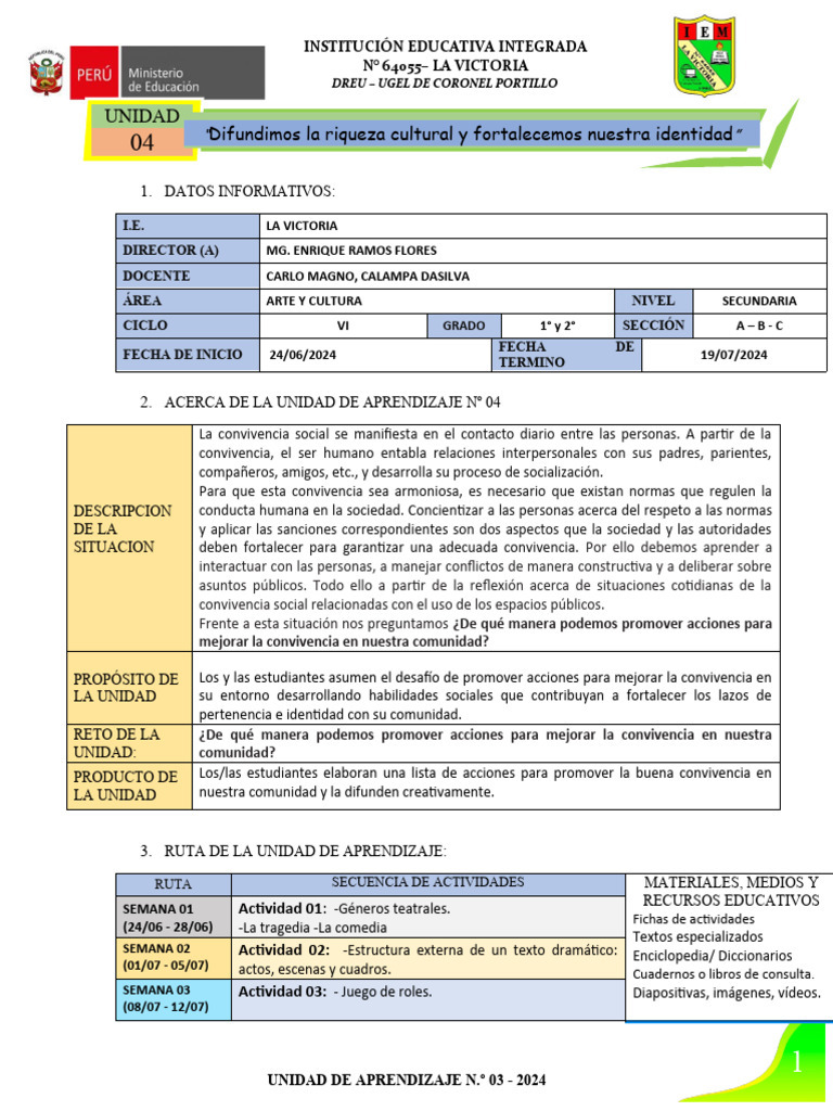 Unidad 4 Arte y Cultura La Victoria 2024 | PDF | Aprendizaje | Multimedia