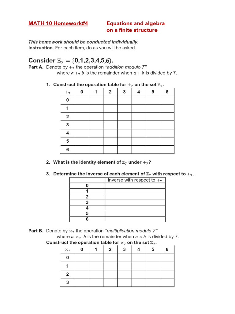 MATH 10 Homework: Modulo 7 Operations | PDF | Equations | Mathematical ...