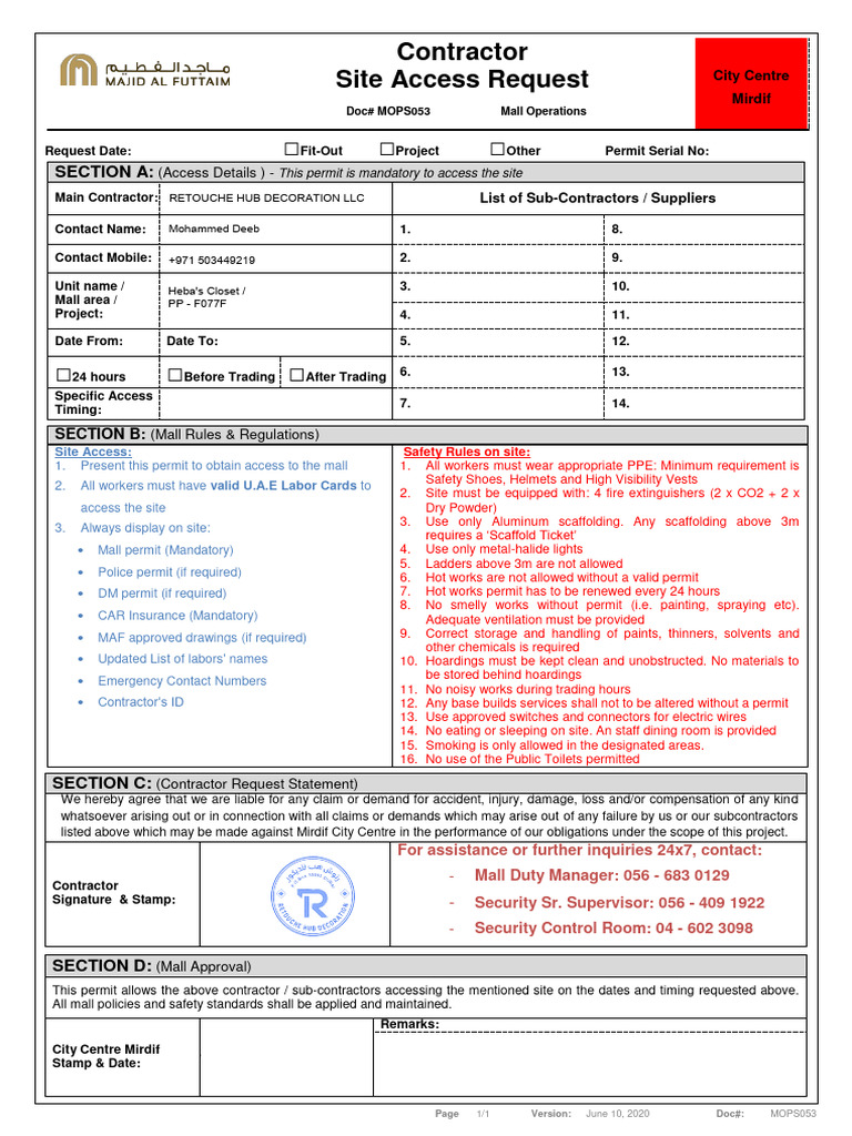 Contractor Site Access Permit Mirdif | PDF | Technology & Engineering