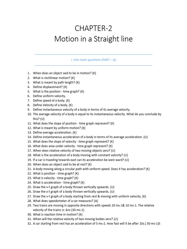 Motion in a Straight Line: Key Concepts | PDF | Acceleration | Velocity