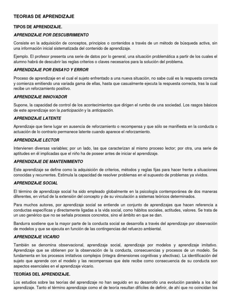 Tipos y Teorías del Aprendizaje | PDF | Aprendizaje | Sicología