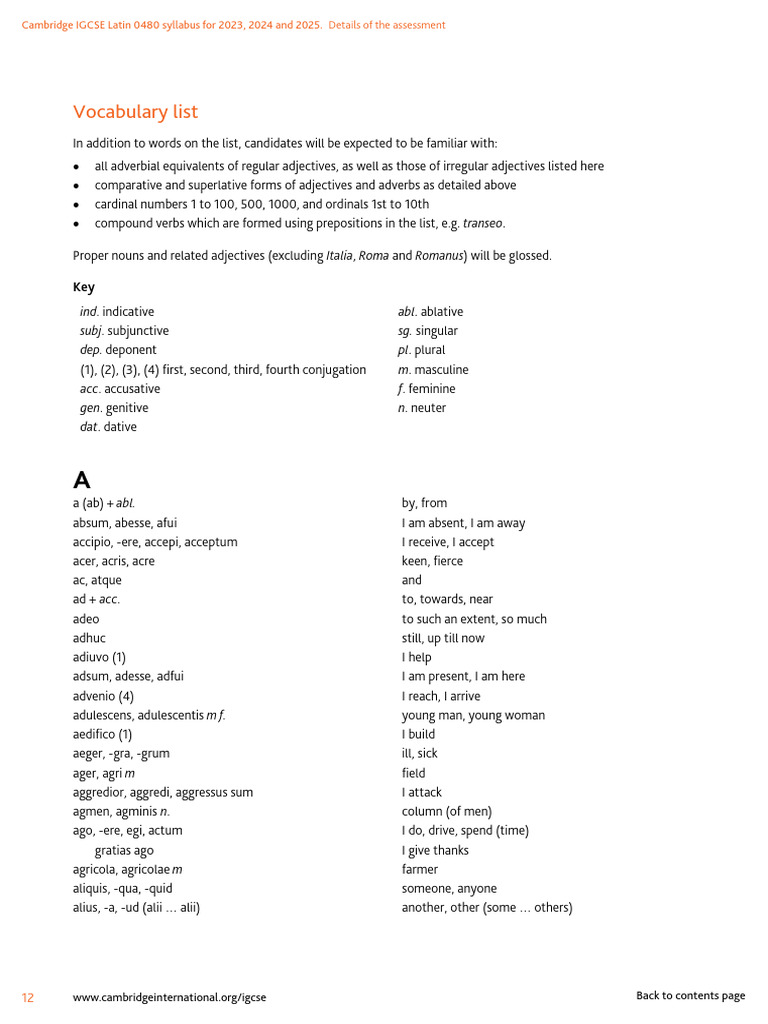 Igcse latin 2023 2025 vocab list pdf adjective linguistic