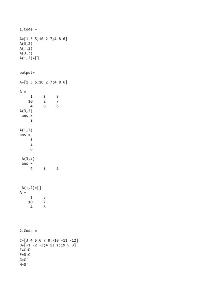 MATLAB Matrix Operations and Outputs | PDF | Teaching Methods & Materials