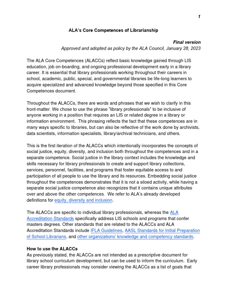 ALA Core Competences for Librarianship | PDF | Libraries | Information