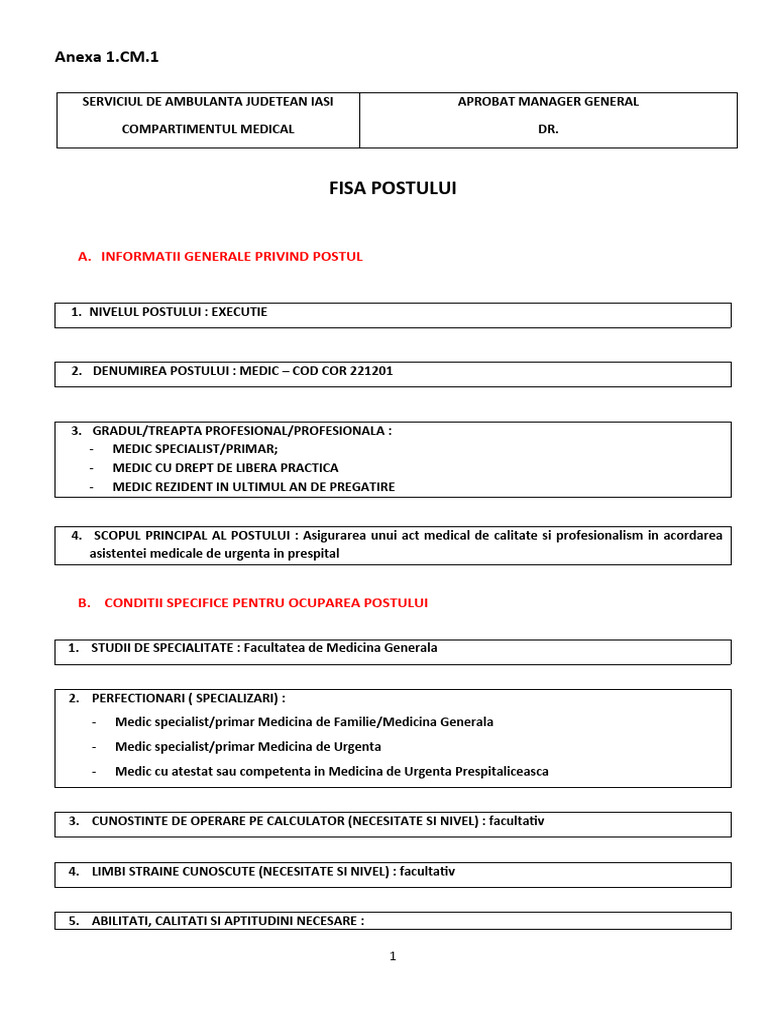 FISA DE POST MEDICI CNF HG 1336 Format Word Fara Nume | PDF