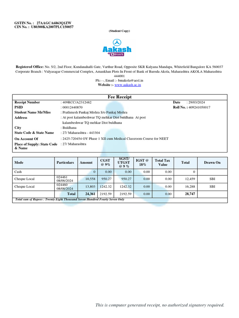 Aakash Institute Fee Receipt for NEET | PDF | Personal Finance ...