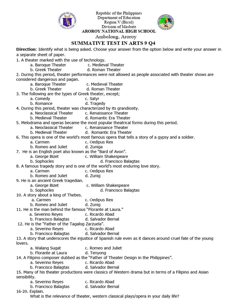 Summative Test in Arts q4 | PDF | Theatre | Performing Arts