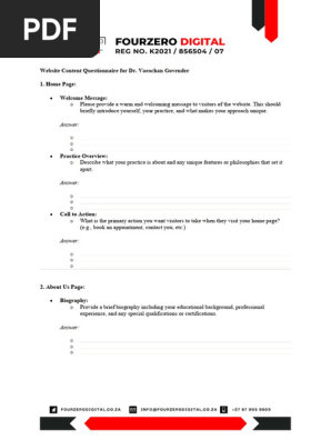 Website Content Questionnaire for Dr