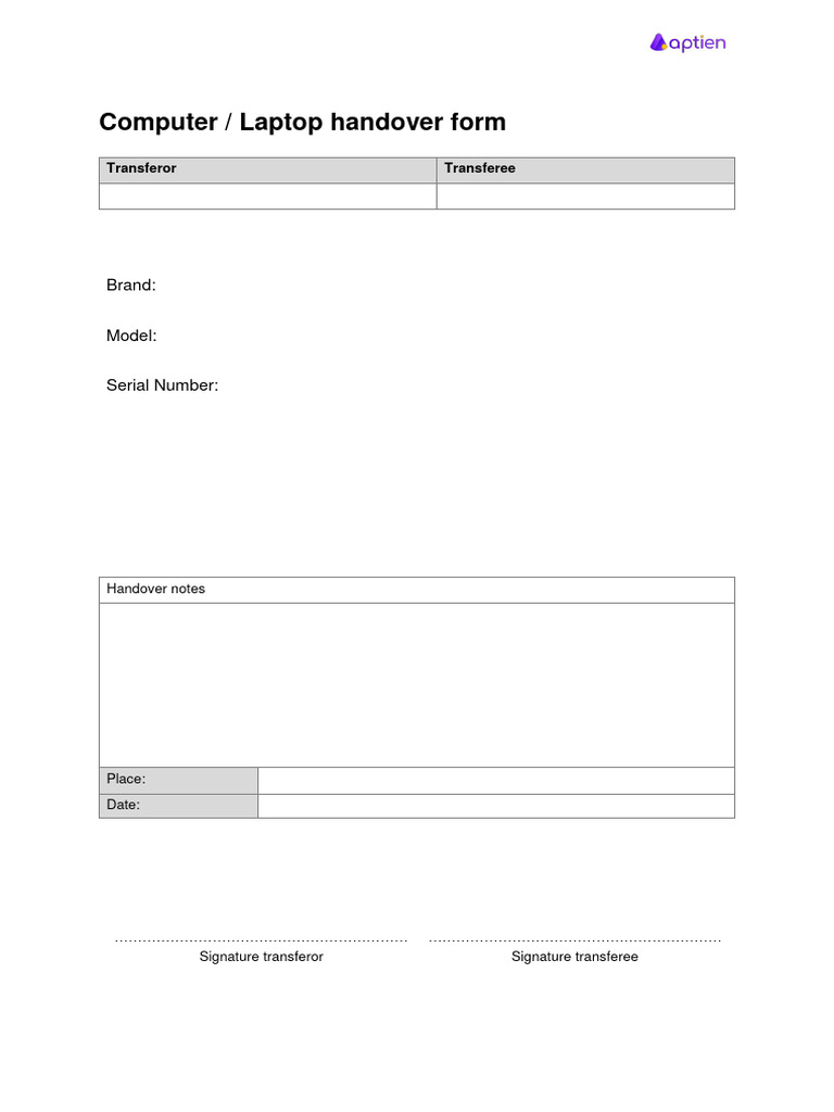 Laptop Handover Form Template | PDF | Computers