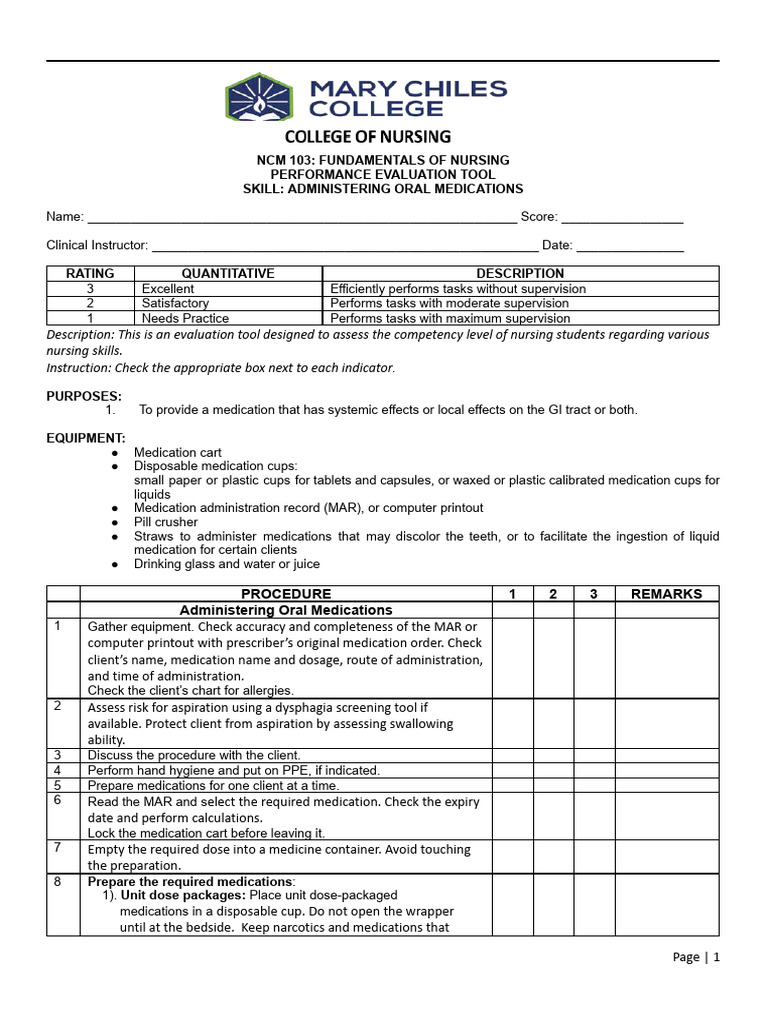 Oral Medication Administration Skills Evaluation | PDF | Tablet ...