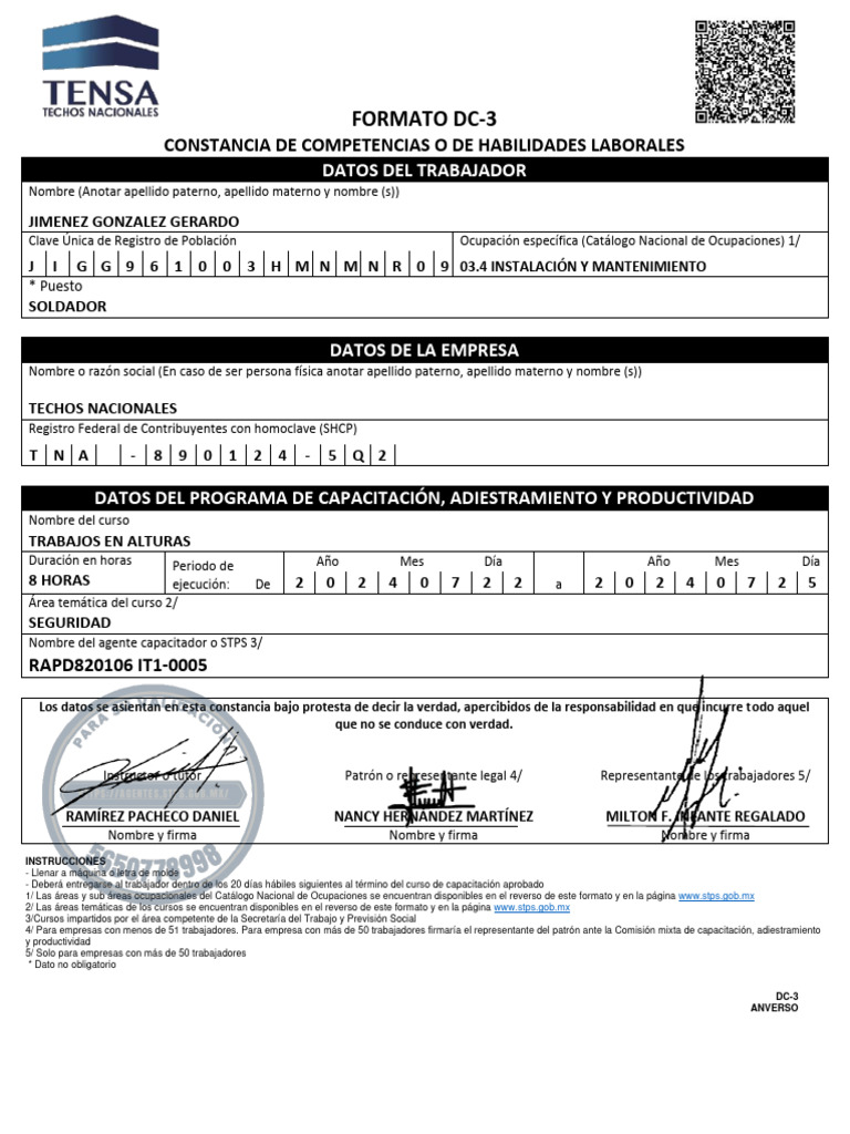 Formato DC-3: Constancia de Capacitación | PDF | Economias
