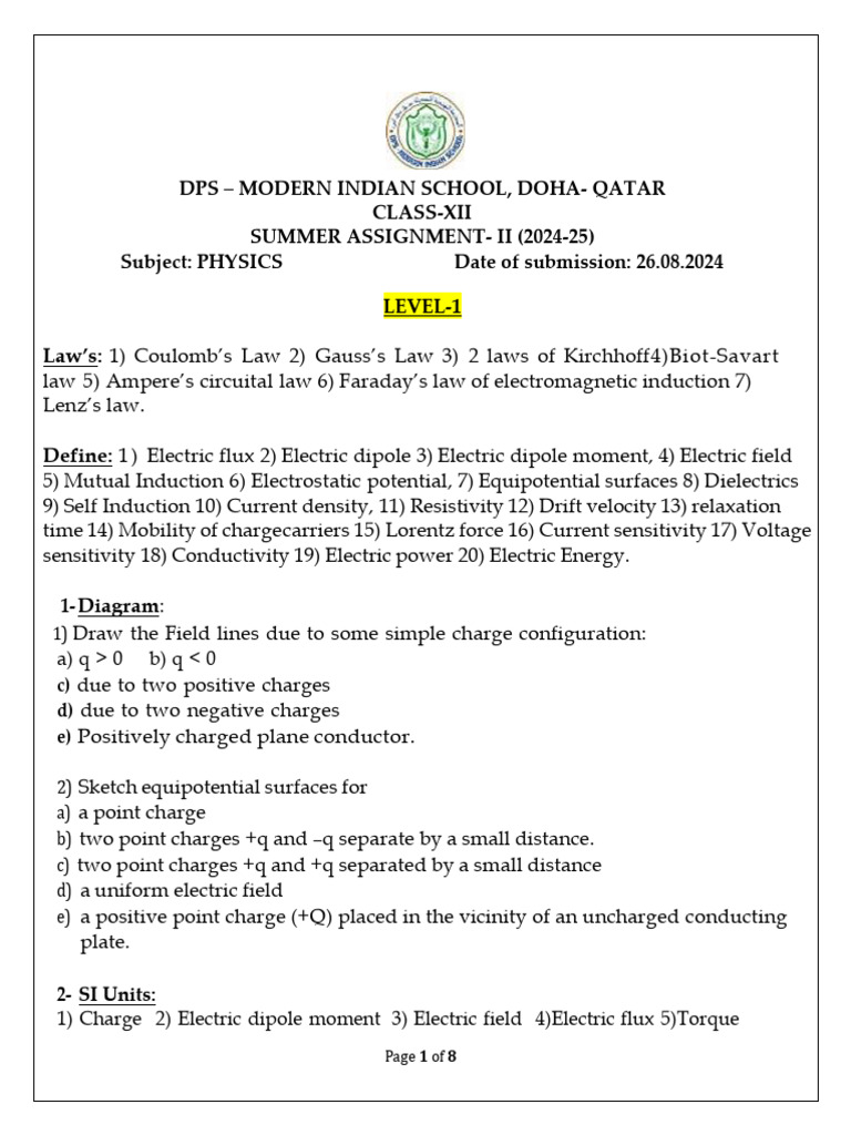 Class Xii - Summer Assignment - II | PDF | Electric Field ...