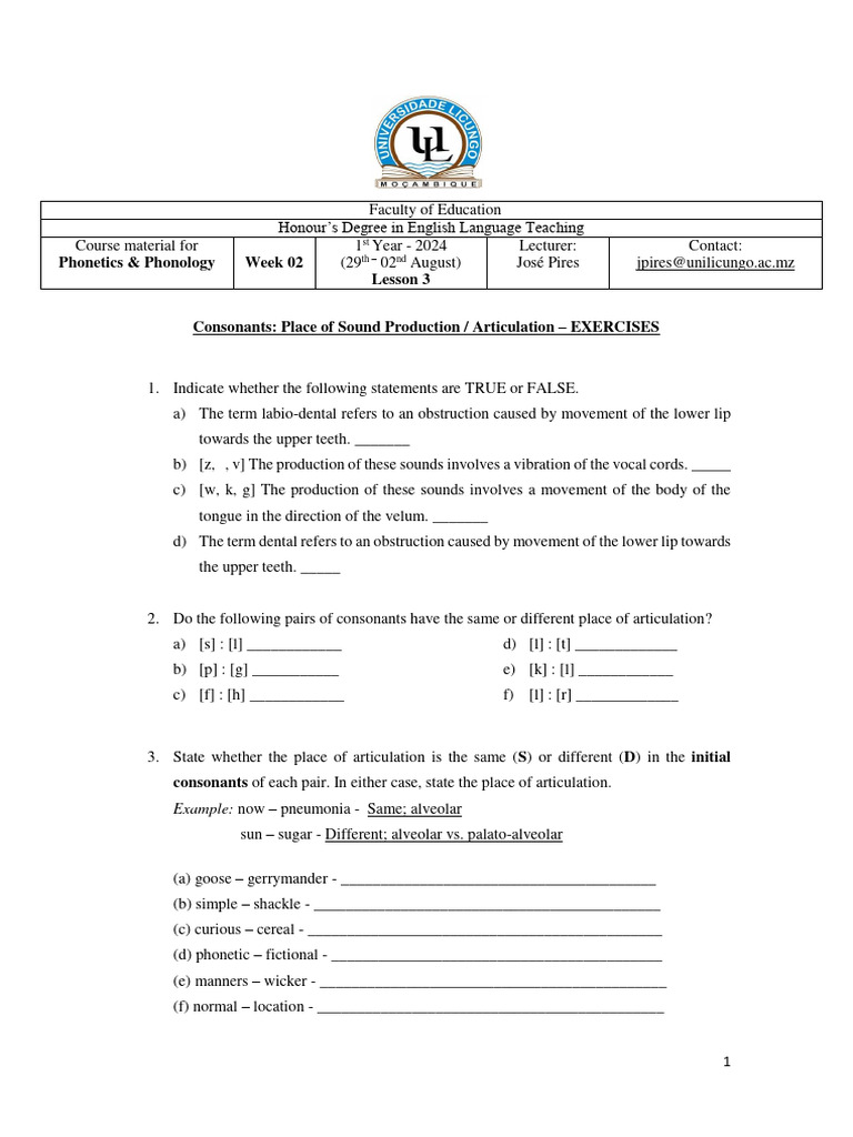 Week 2 - Place of Articulation Tasks | PDF | Phonetics | Human Voice