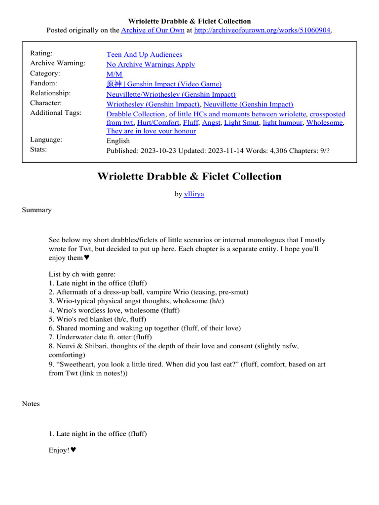 Wriolette Drabble Ficlet | PDF | General Fiction