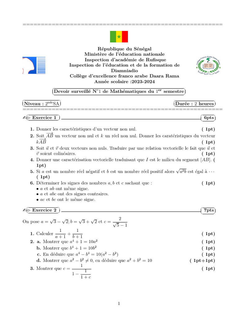 Devoirs de Mathématiques 2ndeSA - Daara Rama | PDF | Coordonnées ...