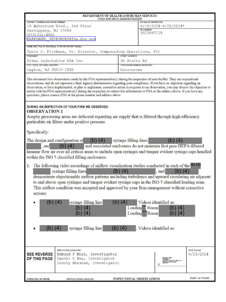 FDA Inspection Observations | PDF | Food And Drug Administration