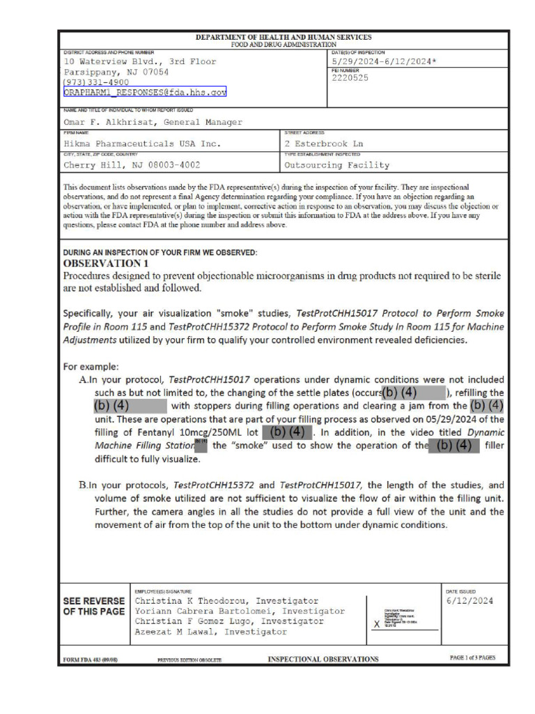 FDA Inspection Observations: Hikma NJ | PDF | Food And Drug ...