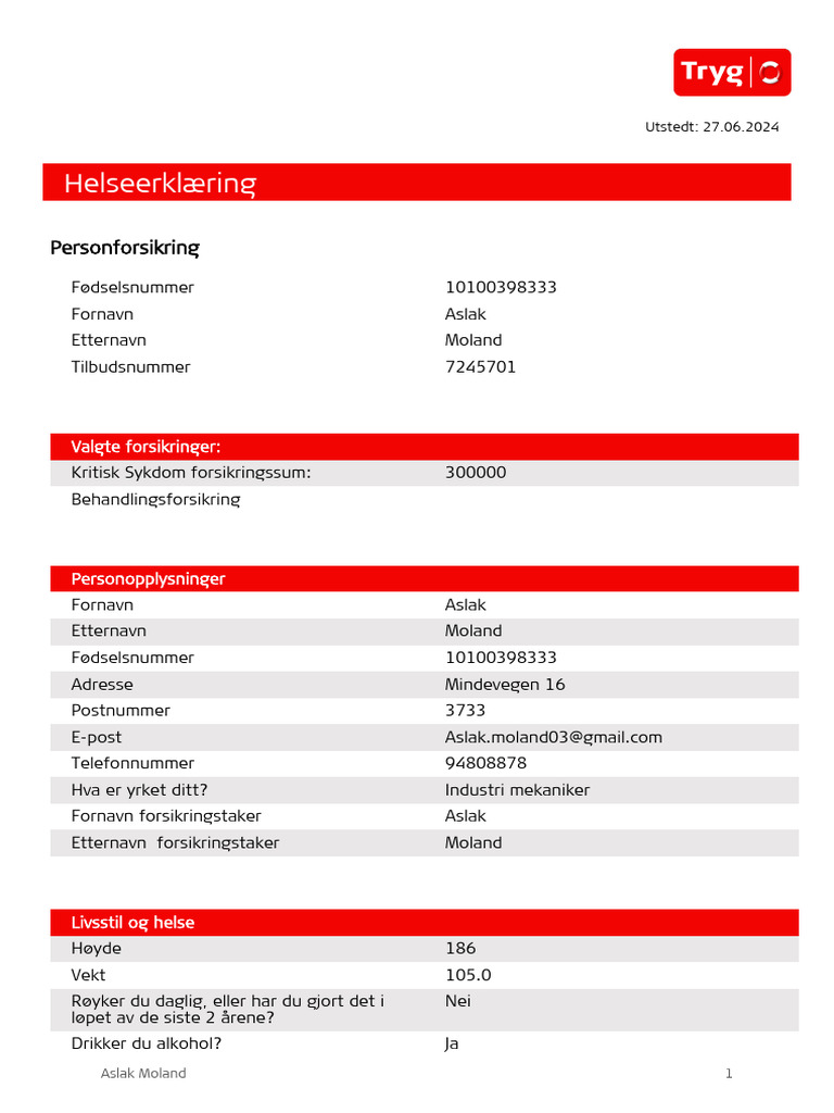Tryg Forsikring Ditt Helseskjema PDF