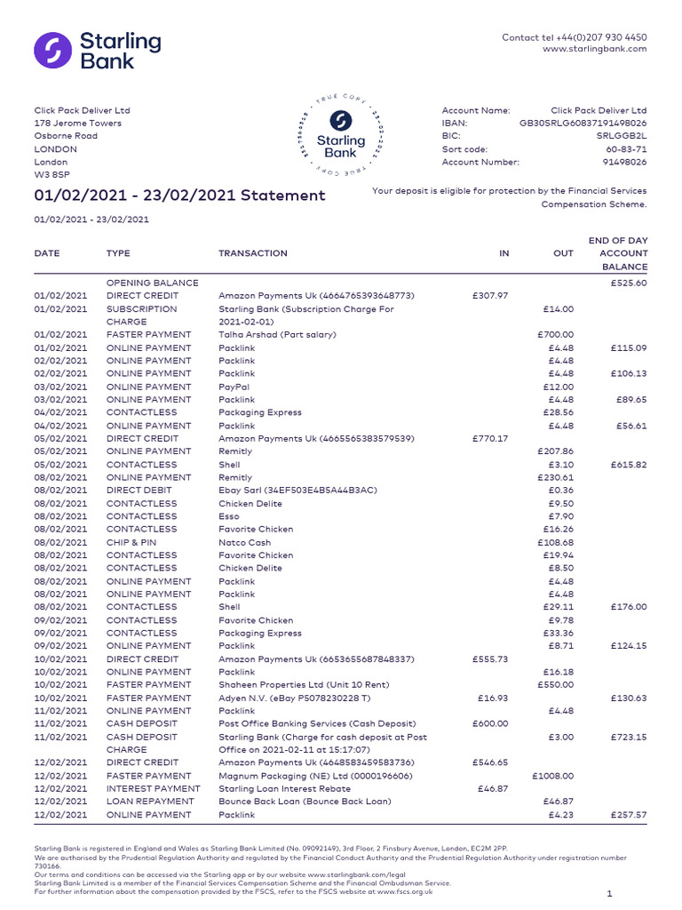 Starling Bank Transaction Statement Summary | PDF | Payments | Services ...