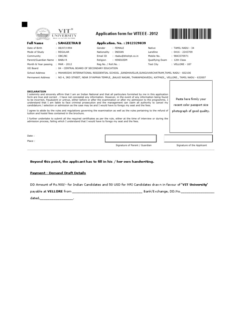 Application Form For VITEEE-2012: Full Name Sangeetha B Application. No ...