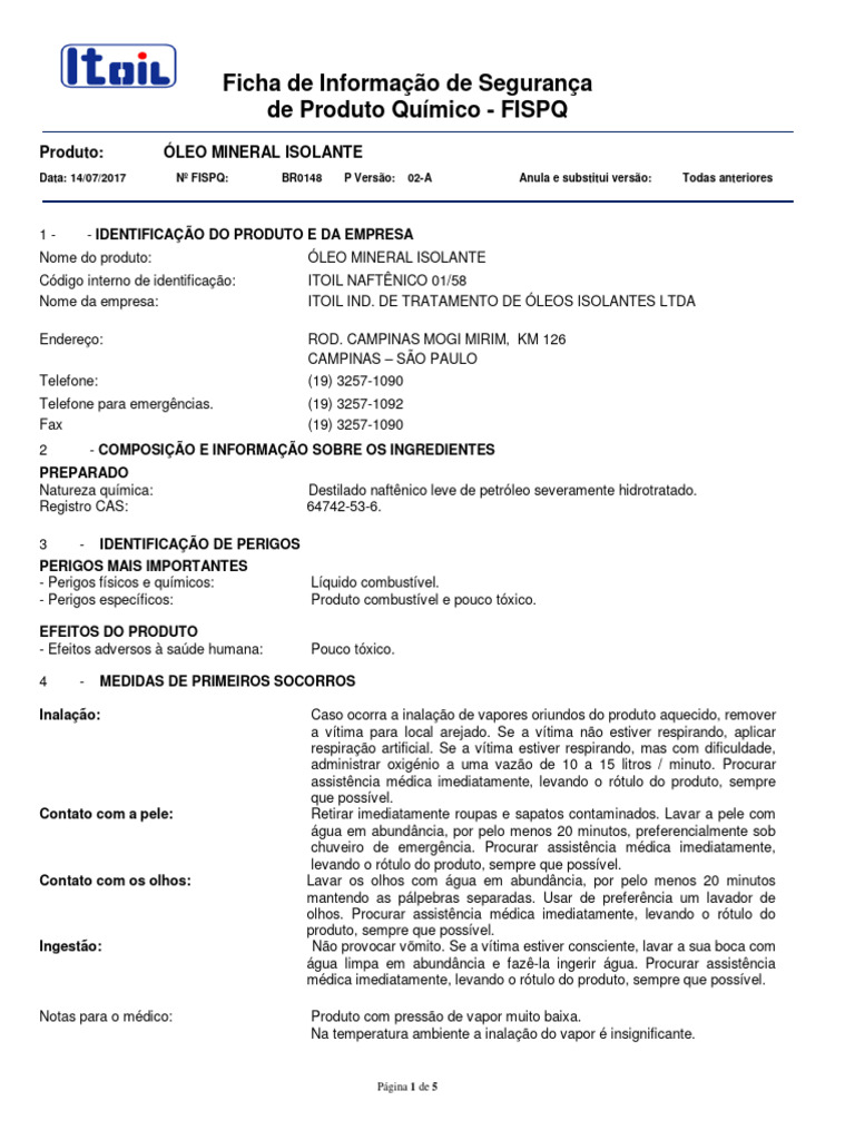 FISPQ Óleo Mineral - utilização | PDF | Combustão | Incêndios