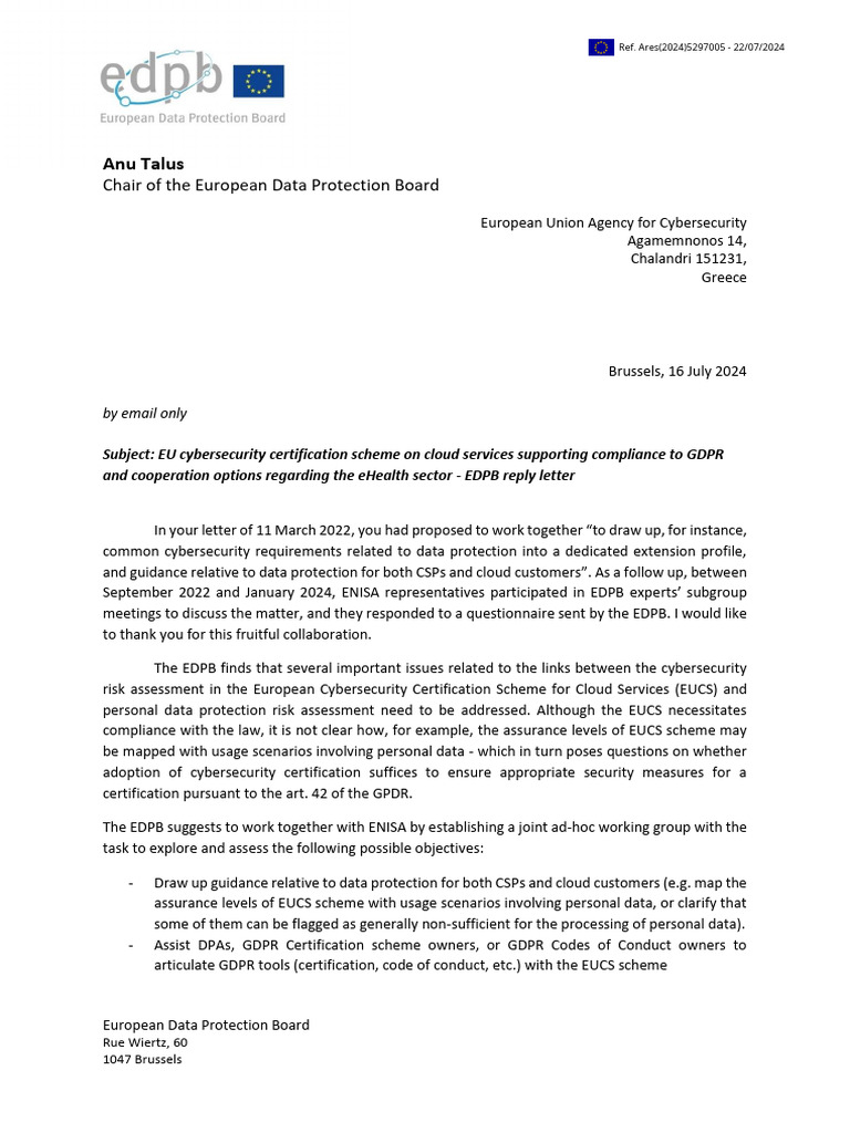 Edpb Letter 20240716 Responsetoenisa en | PDF | Computer Security ...