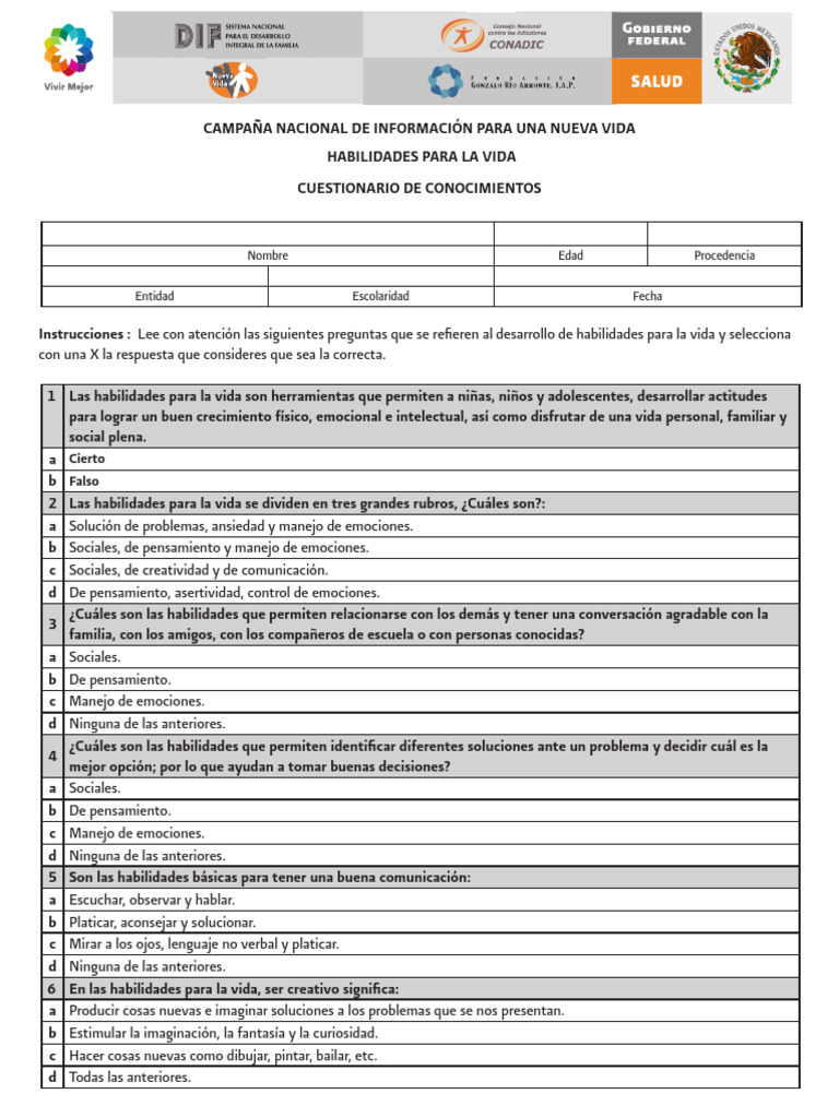 Evaluación de Habilidades para la Vida | PDF | Las emociones | Pensamiento