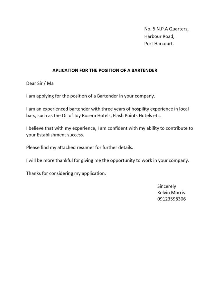 bartender Application letter PDF