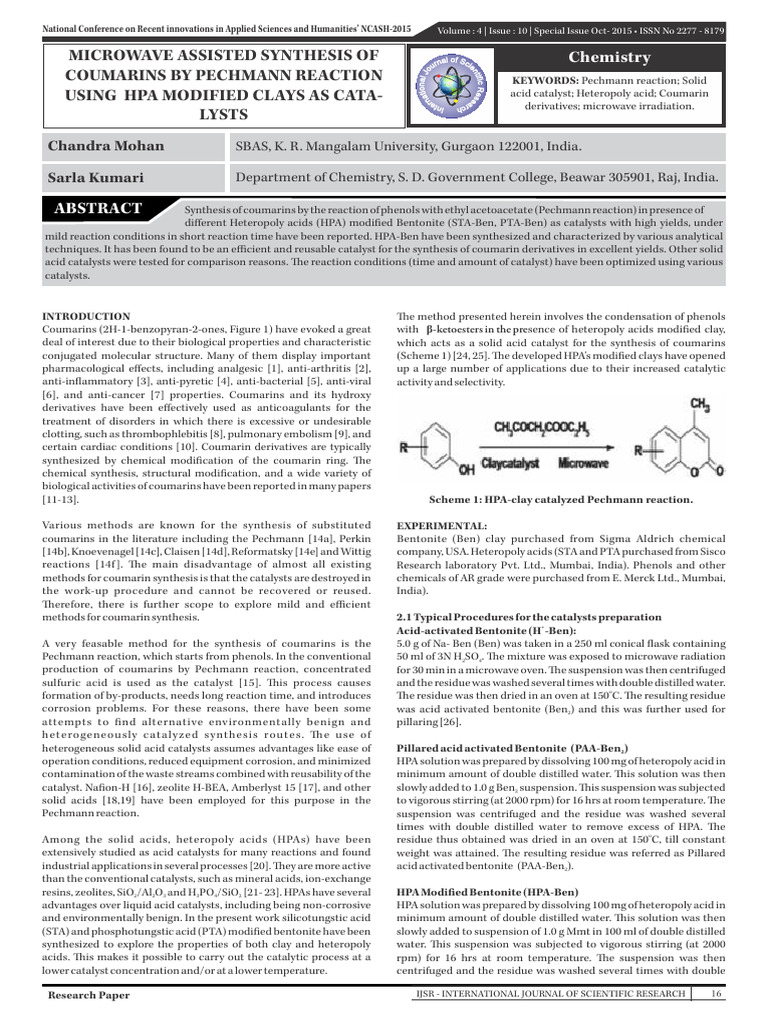Microwave Synthesis of Coumarins Using HPA-Clay | PDF | Catalysis ...