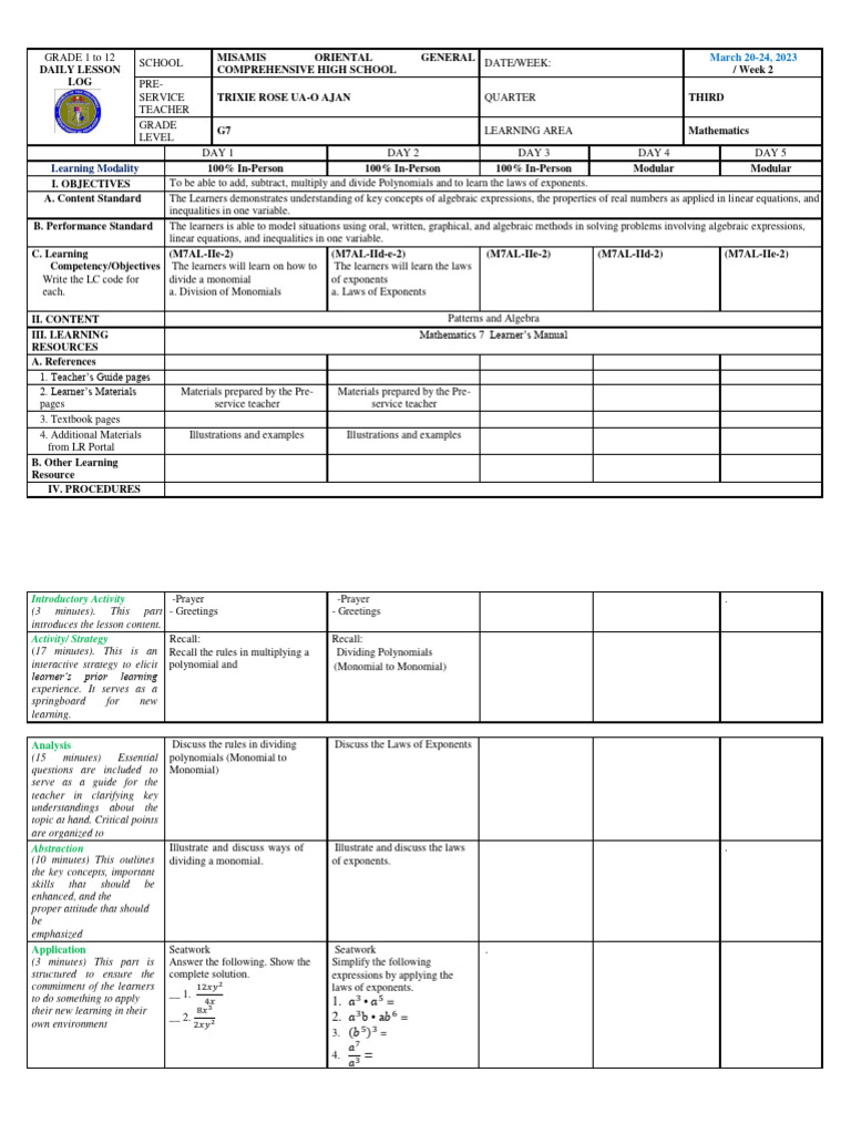 Grade 7 Daily Math Lesson Plan | PDF | Equations | Learning