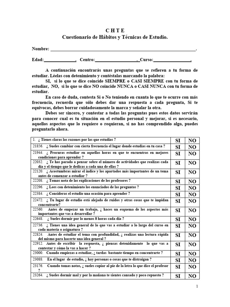 Cuestionario CHTE de Hábitos de Estudio | PDF