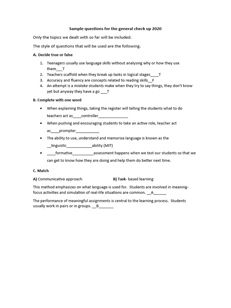 General Check-Up Questions 2020 | PDF