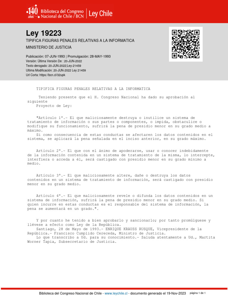 Ley 19223 - 07 Jun 1993 | PDF | Derecho
