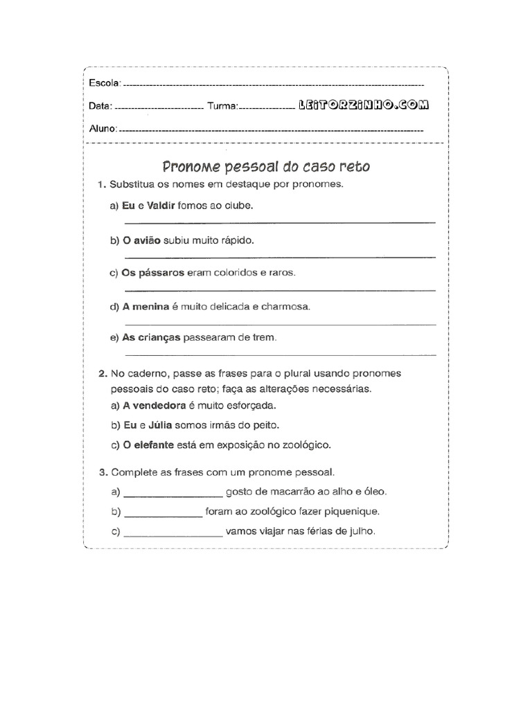 Atividade - Pronome Reto e Obliquo | PDF