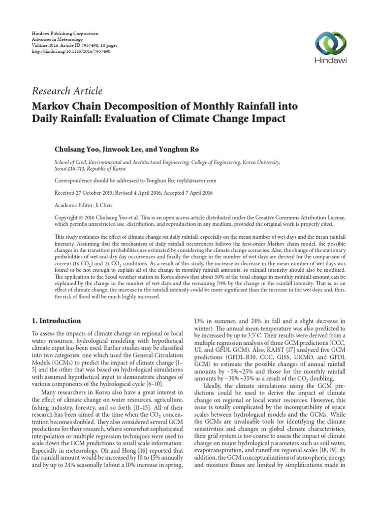 10markov Chain Decomposition of Monthly Rainfall Into Daily Rainfall ...