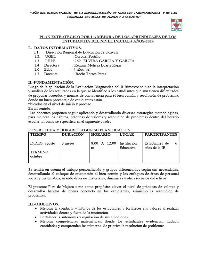 Plan de Mejora Aprendizajes Inicial 2024 | PDF | Evaluación | Ciencia ...