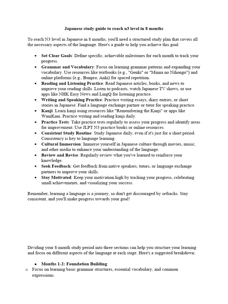 Japanese Study Guide To Reach n3 Level in 8 Months | PDF | Reading ...