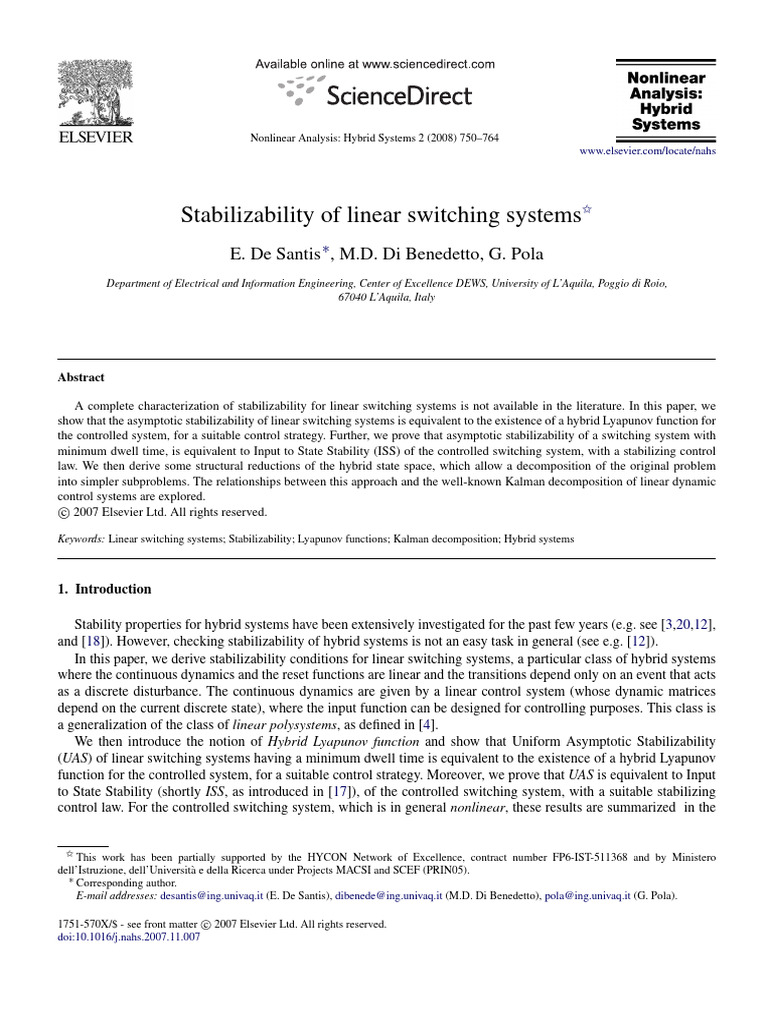 Stabilizability of Linear Switching Syst | PDF | Matrix (Mathematics ...