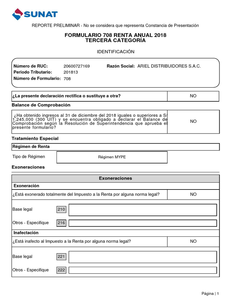 Formulario 708 Renta Anual 2018 Tercera Categoría | PDF | Impuestos ...