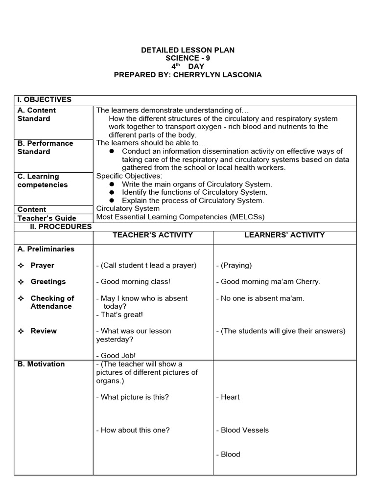Circulatory System Lesson Plan for Grade 9 | PDF | Blood | Artery
