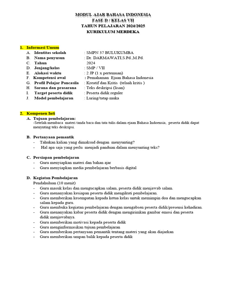 Modul Ajar Bahasa Indonesia Kelas VII | PDF | Karier & Perkembangan