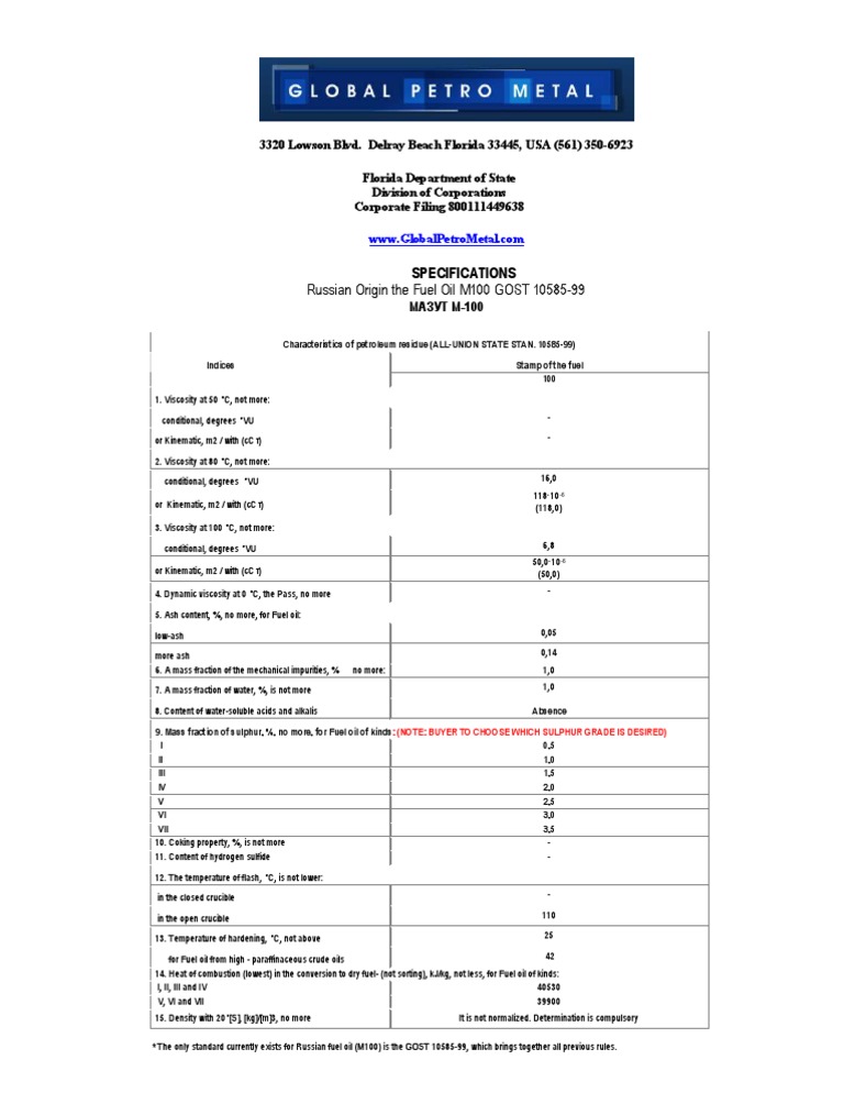 Mazut-100 Specification (Russia Origin) | PDF | Fuel Oil | Petroleum