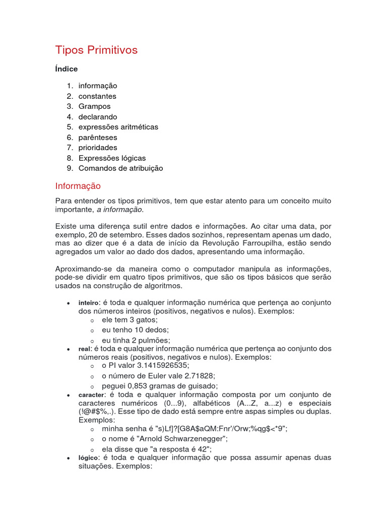Tipos Primitivos e Exercícios de Lógica | PDF | Matemática